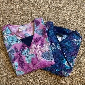Cherokee Women's Purple and Blue Butterfly Scrub Tops Set of 2